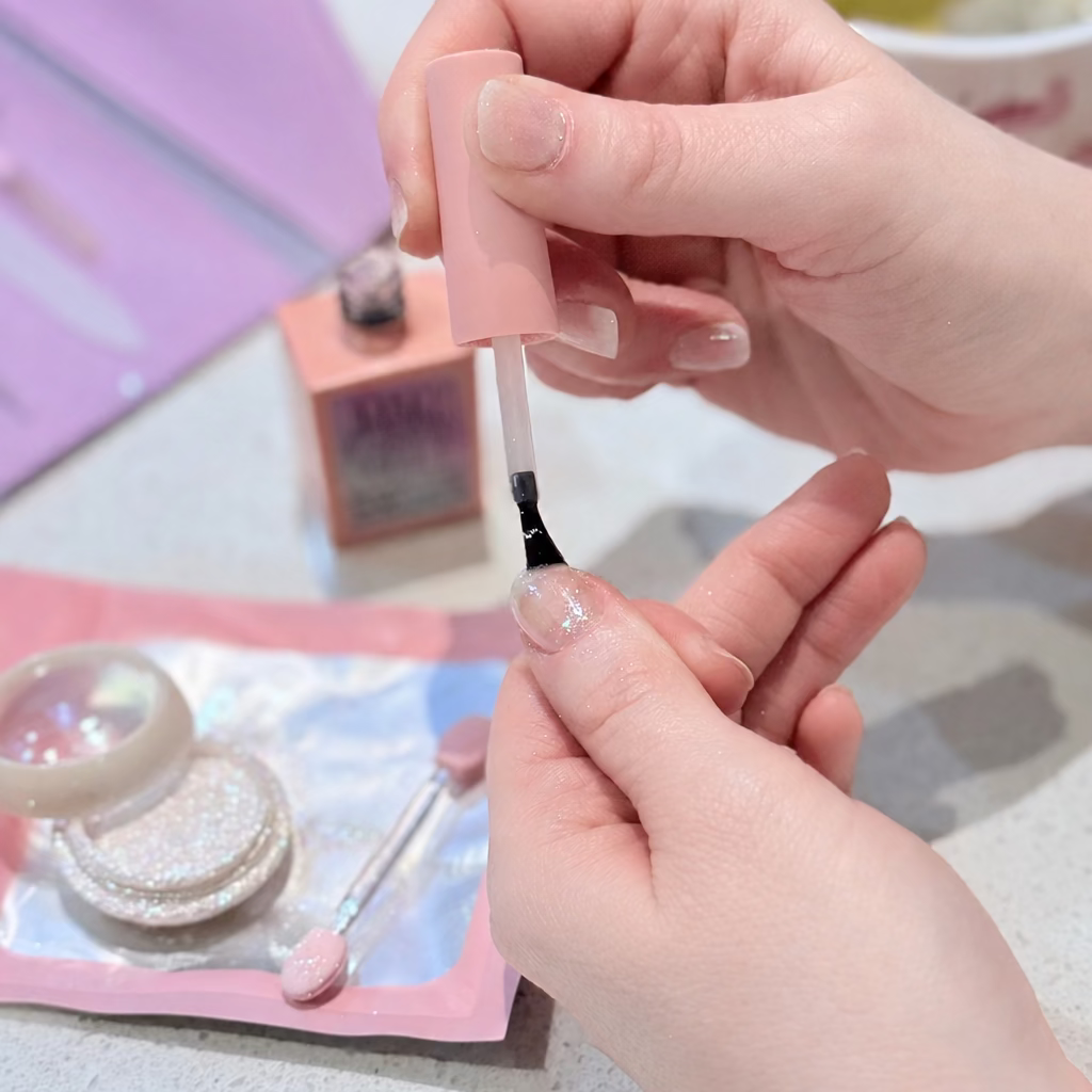 A close-up of hands applying a clear Crystal Gelly Topcoat over the Chrome Glaze, with a chrome glaze effect powder and manicure manicure kit in background.