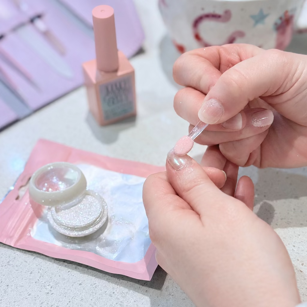 A close-up of hands applying Chrome Glaze powder with applicator wand over gelly nail sticker, with Crystal Gelly Topcoat and Signature manicure kit in background.