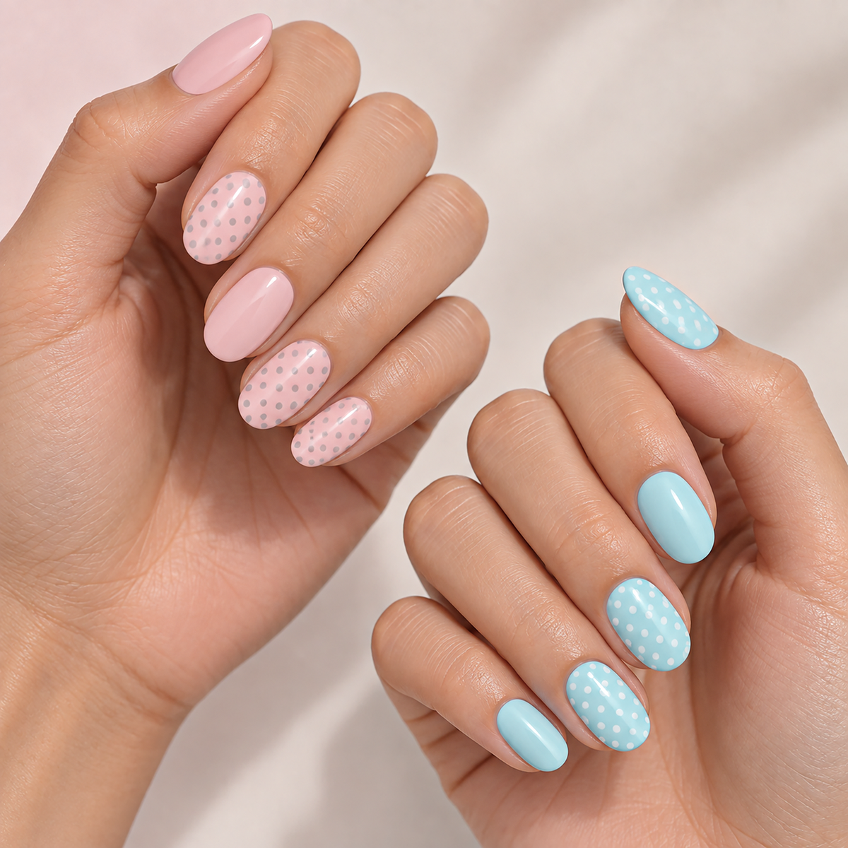 Gelato Dream by Make Them Gelly, pastel pink and aqua polka dot nails worn on a hand