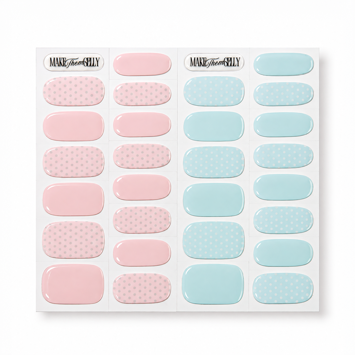 Gelato Dream by Make Them Gelly, pastel pink and aqua polka dot gel nail stickers on a plain background